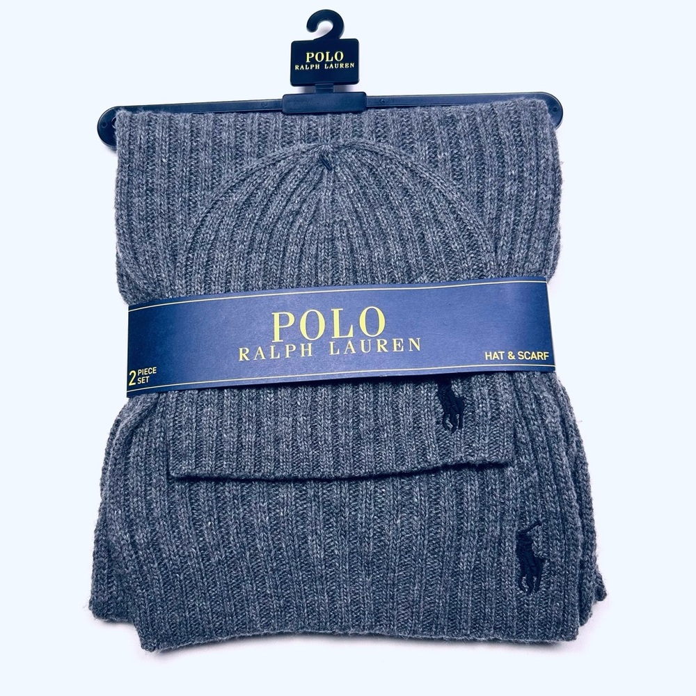NWT Polo Ralph Lauren 2-Piece Gray with Black Pony Hat & Scarf Set
